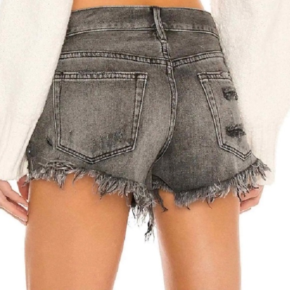 Free People We The Free Good Vibrations Cut-Off Denim Jean Shorts Sulphur Black - Picture 4 of 12